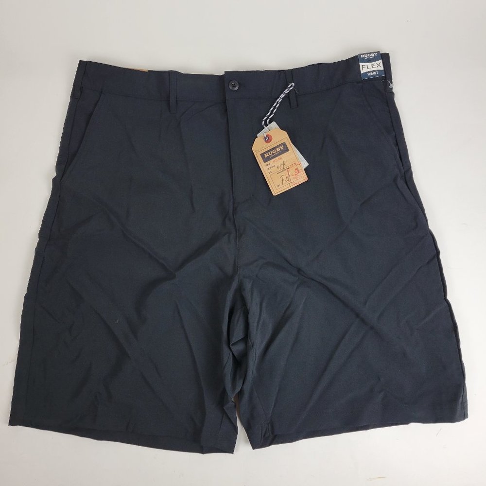 Rugby University Men's Flat Front Shorts Stretch Size W 42 Black 10" Inseam